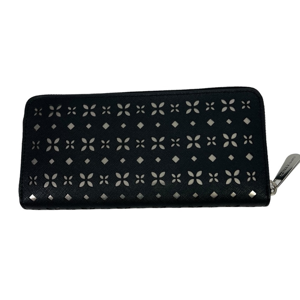 Michael Kors Women’s Zip Wallet Black Open Flower Design Multiple Compartments - Picture 2 of 9
